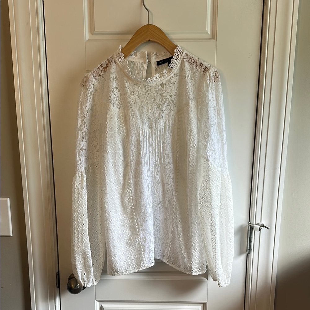 White Ruffled Blouse with Bishop Sleeves and Mandarin Collar